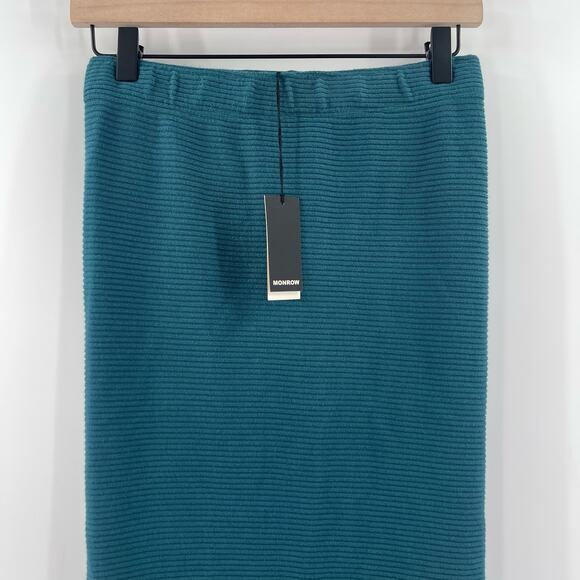 MONROW Skirt Midi Size Small Ribbed Teal Textured Back Slit Stretch NWT Casual - Picture 8 of 11